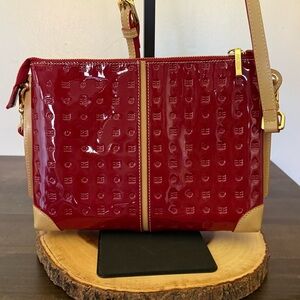 Arcadia Red Patent Crossbody Bag with Tan Trim